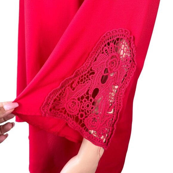 Tacera Womens SZ 1X Red Chiffon Blouse -Lace 3/4 Sleeve-Bow Tie -Round Neck - Picture 13 of 14